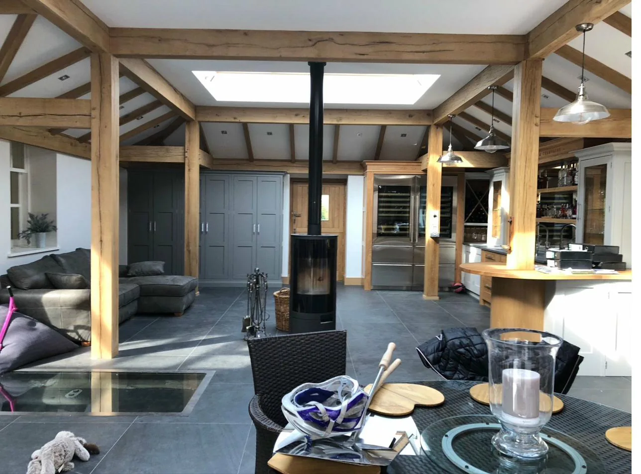 Bespoke oak-frame open-plan Lancashire home with beamed cathedral ceiling by Joinery Limited